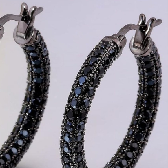 Black Pave Crystal Hoop Earrings Rhinestone Covered Blackened Metal Small Hoops - Picture 6 of 14